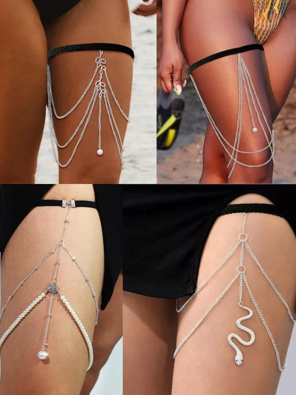 12Pcs Thigh Chains Snake Heart Pearl CZ Leg Chain Boho Layered Body Chain Summer